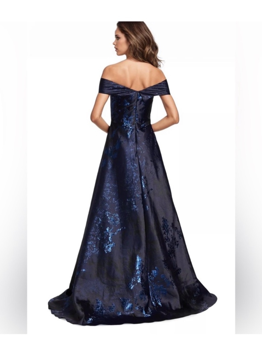 Rene Ruiz Off-the-Shoulder Navy Blue Evening Gown - Picture 2 of 5